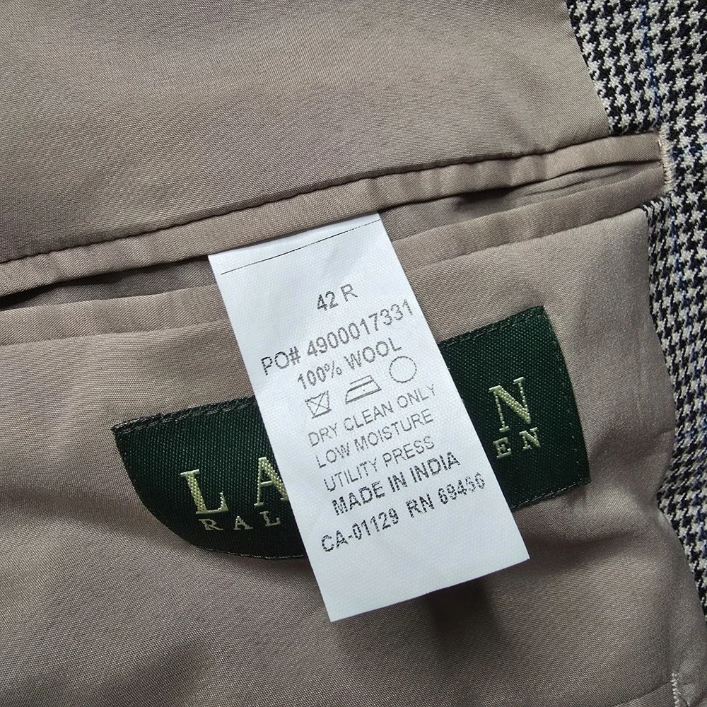Lauren Ralph Lauren Blazer Mens 42R Gray Sports Coat 2 Buttons Wool‎ Houndstooth